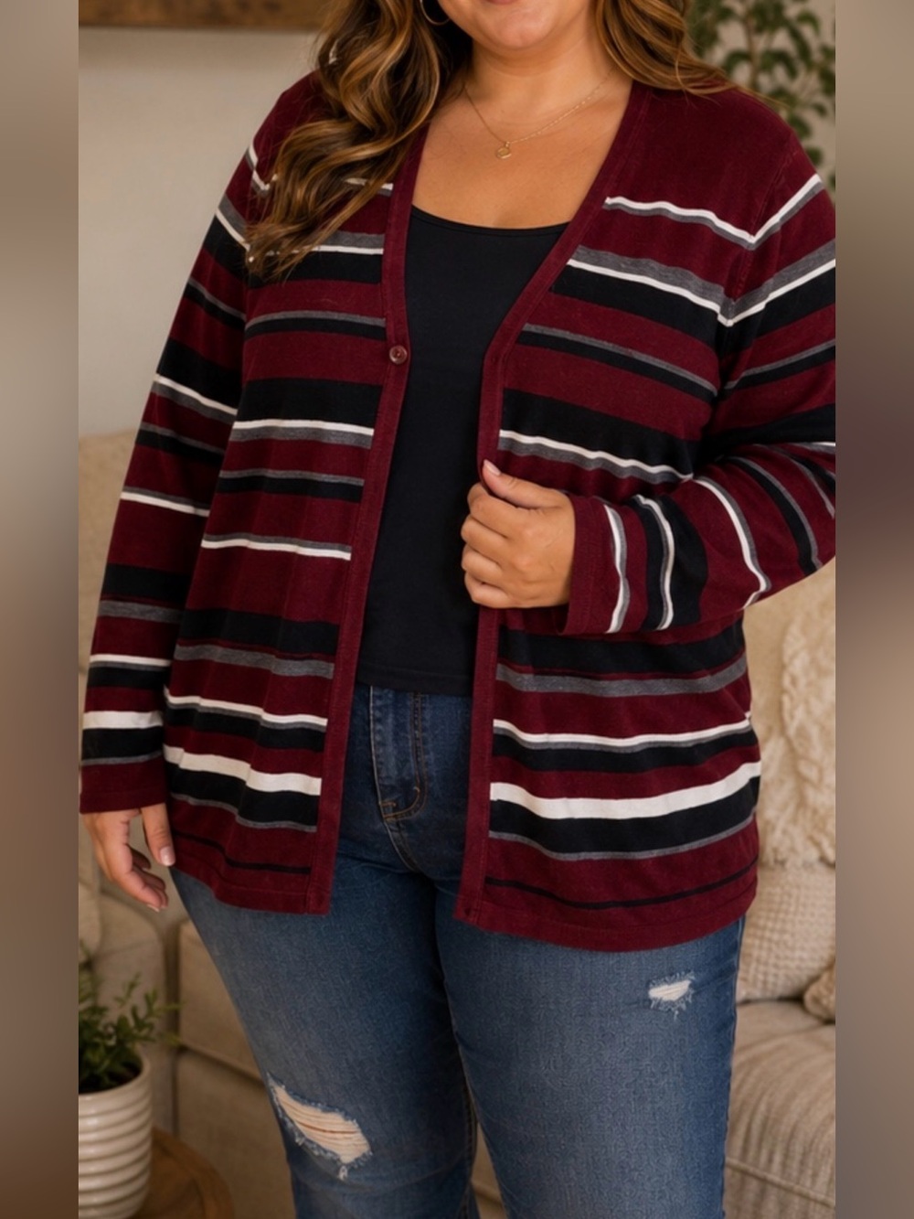 Croft & Barrow Burgundy Striped Open Front Cardigan | Women’s 1X | Sweater